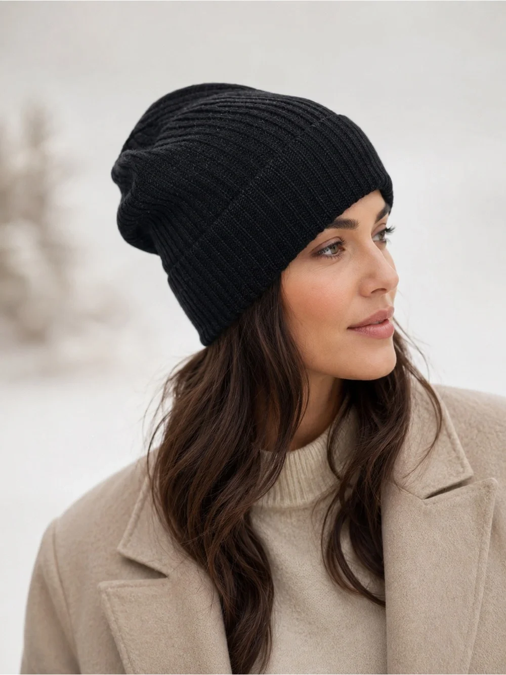 Nordstrom Rack 100% Cashmere Ribbed Slouchy Beanie Hat Black NWT